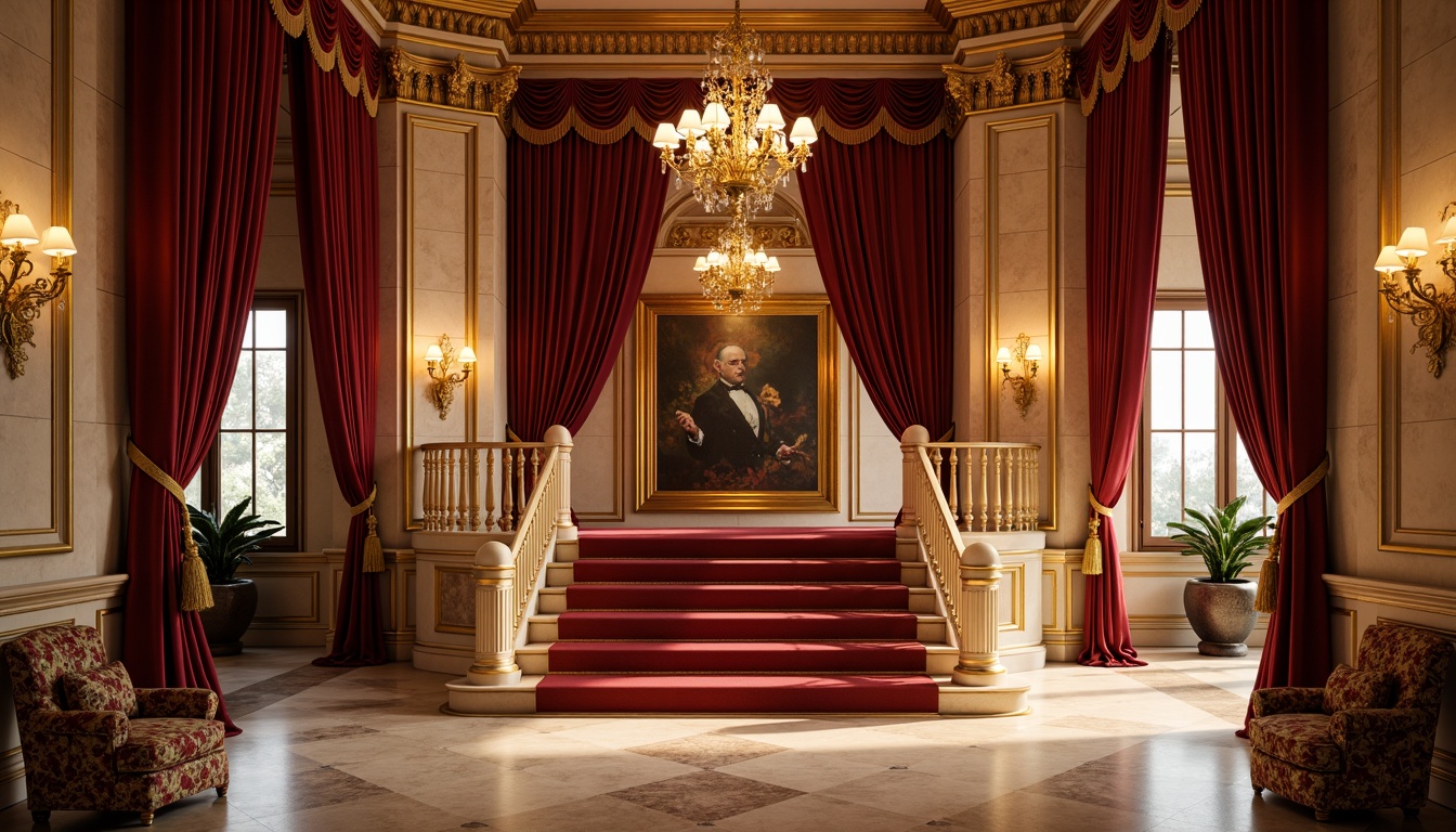 Prompt: Rich velvet curtains, ornate golden details, grand chandeliers, red carpeted stairs, intricate moldings, Baroque-inspired architecture, warm beige stone walls, soft cream-colored marble floors, lavish furnishings, dramatic spotlights, warm golden lighting, shallow depth of field, 1/2 composition, realistic textures, ambient occlusion, Renaissance-era inspired color palette, rich jewel tones, deep crimson reds, emerald greens, sapphire blues, luxurious fabrics, ornate patterns, gilded accents.