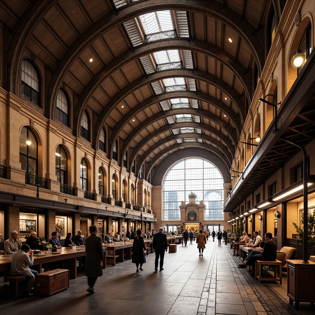 Prompt: Grand train station, sweeping curved lines, elegant arches, ornate details, luxurious materials, high ceilings, spacious interiors, natural stone floors, intricate metalwork, vintage luggage carts, bustling atmosphere, warm soft lighting, shallow depth of field, 1/1 composition, realistic textures, ambient occlusion.