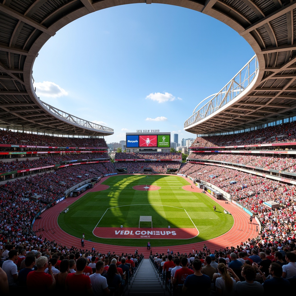 Prompt: Vibrant sports stadium, energetic crowd, bold team colors, dynamic LED lighting, sleek modern architecture, angular lines, metallic materials, concrete structures, lush green grass, athletic tracks, scoreboards, giant video screens, sunny day, warm atmosphere, shallow depth of field, 3/4 composition, panoramic view, realistic textures, ambient occlusion.