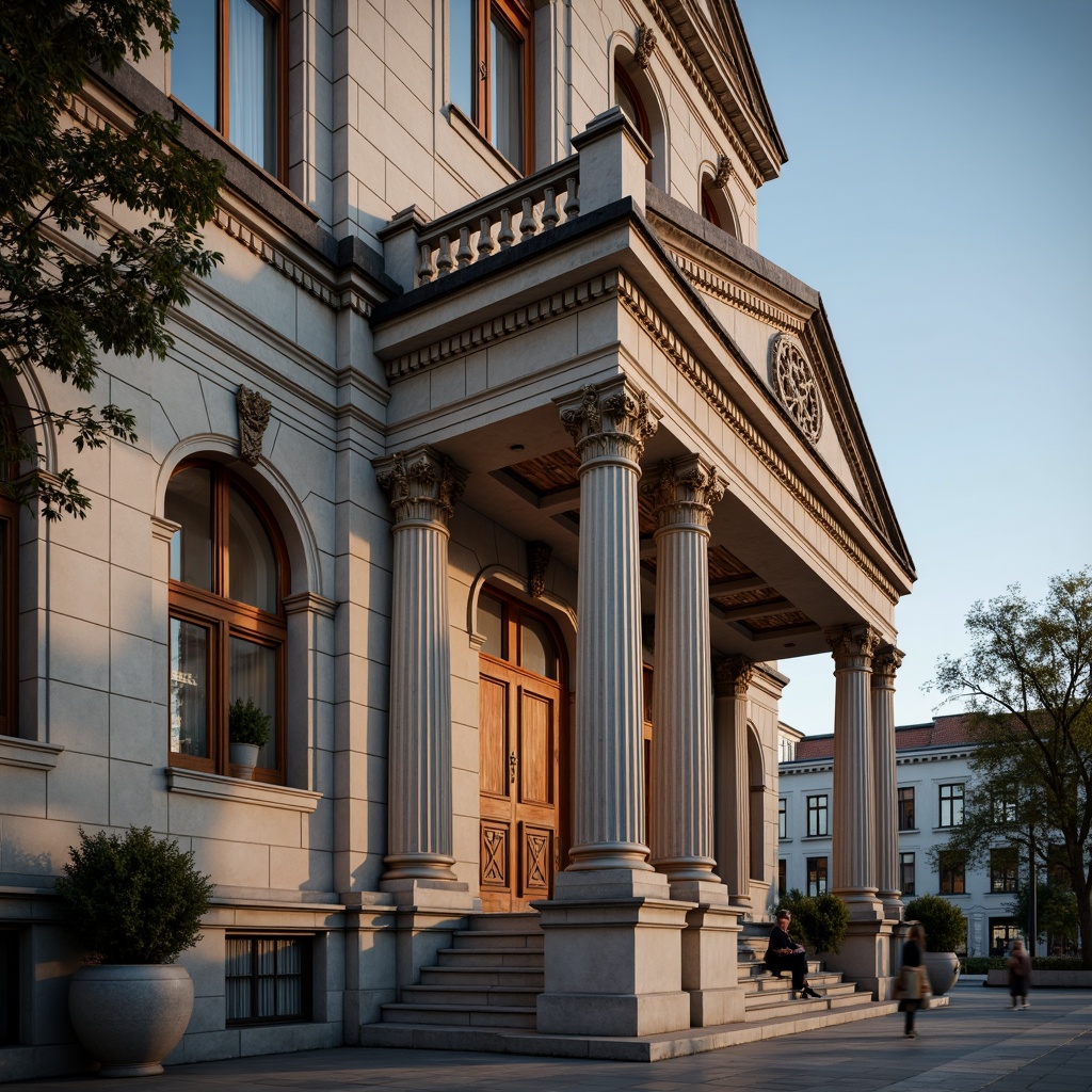 Prompt: Grand neoclassical building, ornate columns, intricately carved capitals, fluted shafts, ornamental pedestals, polished marble bases, symmetrical facade, rusticated quoins, arched windows, decorative cornices, classical pilasters, ornate friezes, sculpted metopes, triglyphs, acroteria, subtle warm lighting, shallow depth of field, 1/1 composition, realistic textures, ambient occlusion.