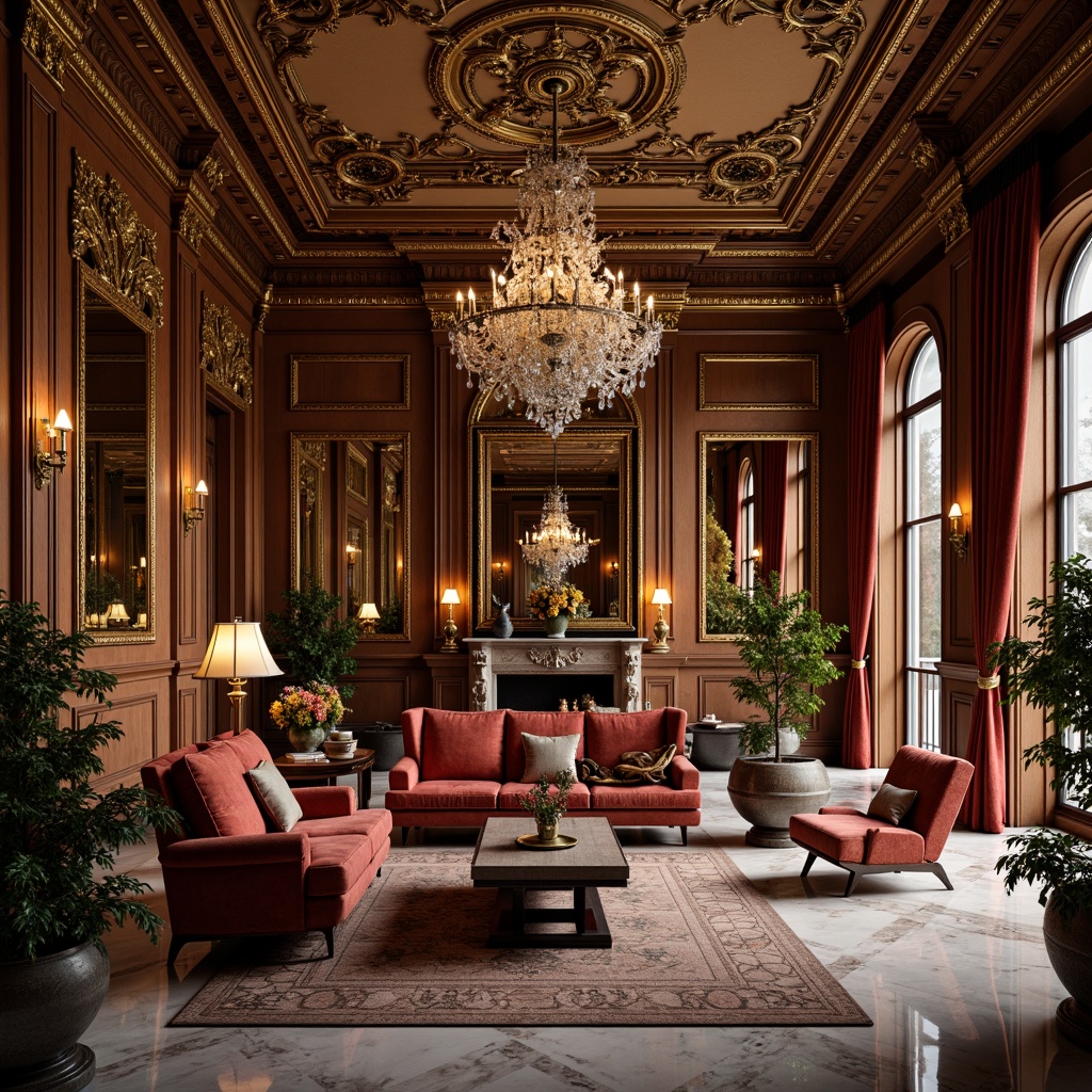 Prompt: Luxurious living room, ornate furnishings, intricately carved wooden panels, gilded accents, velvet upholstery, crystal chandeliers, marble flooring, ornamental mirrors, lavish textiles, rich jewel-toned colors, soft warm lighting, shallow depth of field, 1/1 composition, realistic reflections, ambient occlusion.