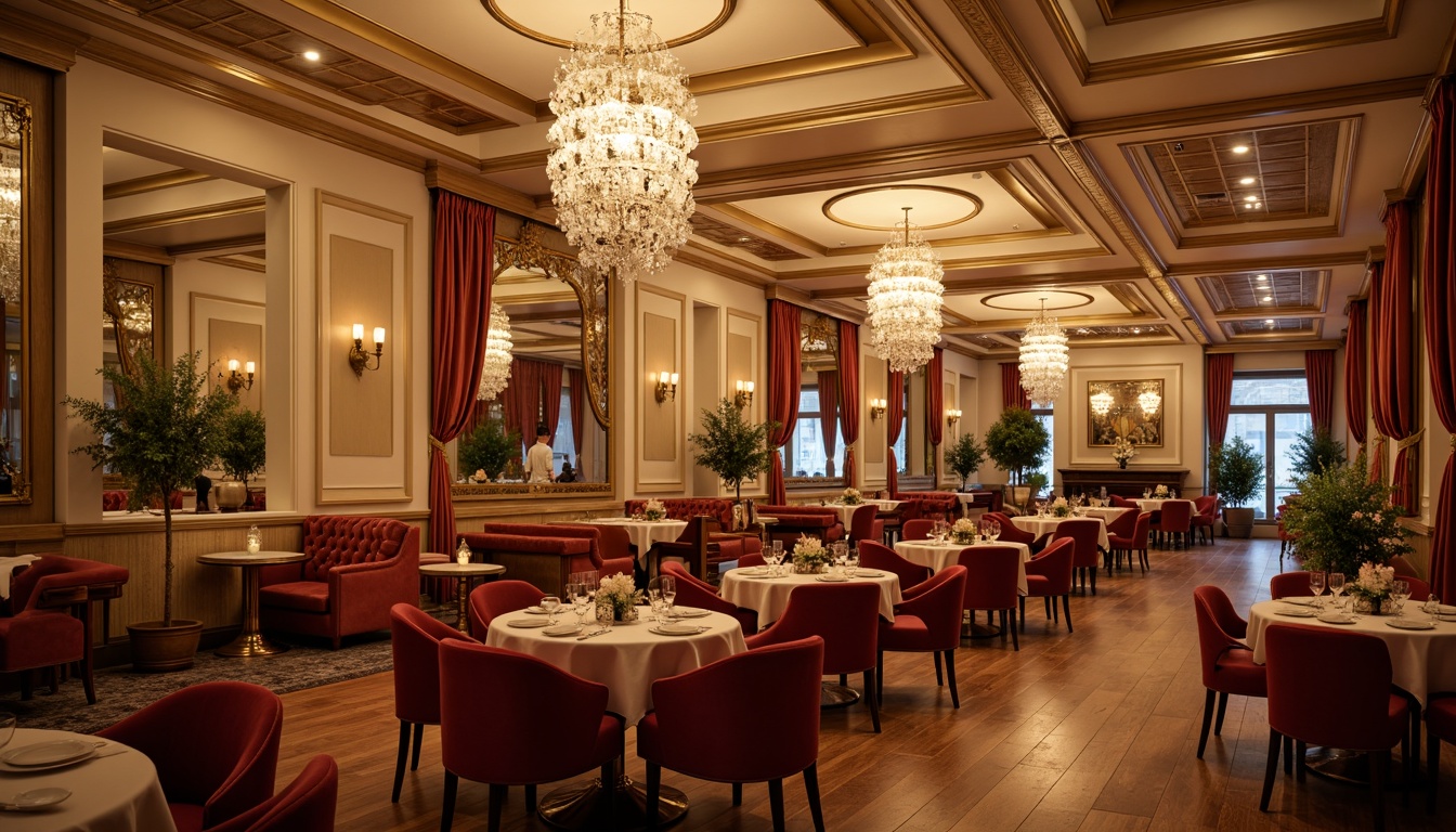 Prompt: Elegant dining hall, luxurious chandeliers, rich wood tones, warm beige walls, soft cream accents, velvety red upholstery, golden metal fixtures, ornate mirrors, lavish curtains, sophisticated ambiance, intimate seating areas, warm candlelight, shallow depth of field, 1/1 composition, realistic textures, ambient occlusion.