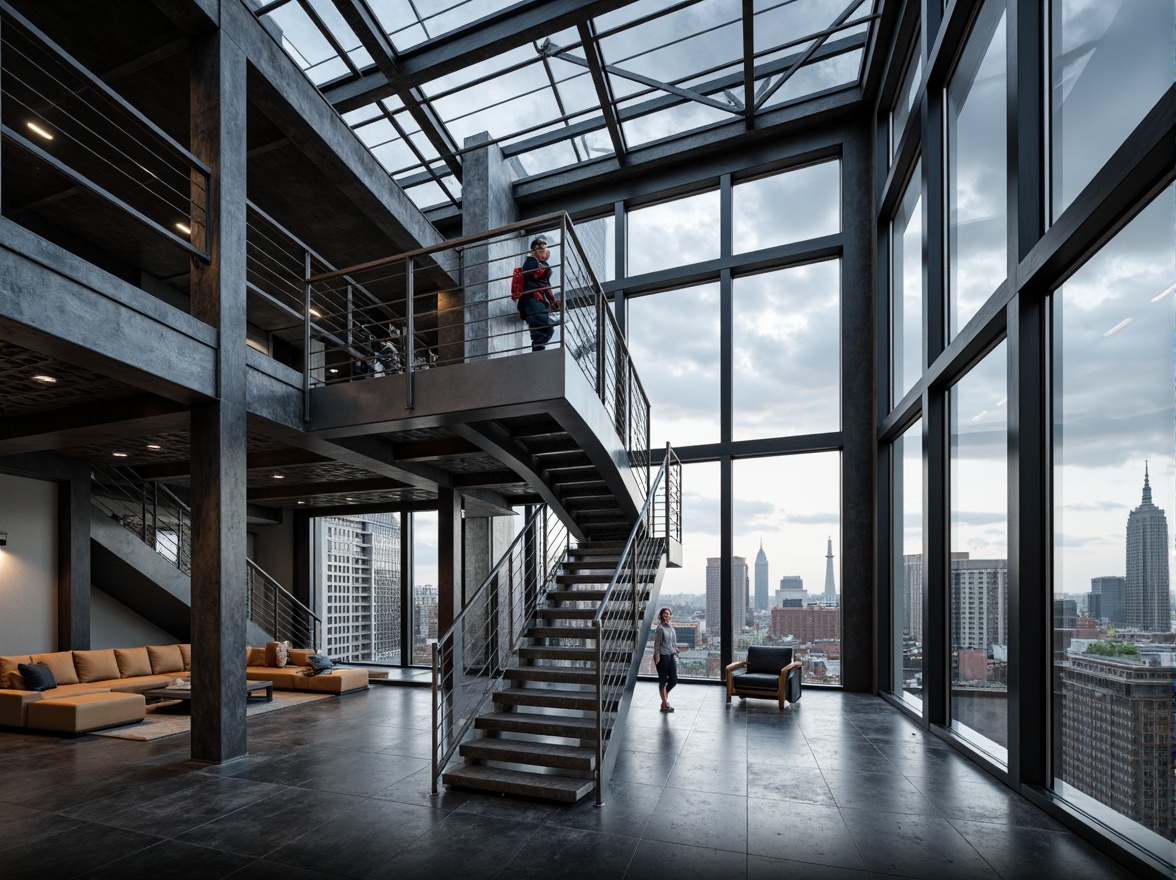 Prompt: Industrial steel-framed building, exposed metal beams, sleek modern architecture, urban cityscape, cloudy grey sky, dramatic lighting, deep shadows, bold geometric shapes, minimalist interior design, polished concrete floors, silver metallic accents, functional staircases, open-plan layout, floor-to-ceiling windows, panoramic city views, 1/1 composition, high-contrast lighting, realistic reflections.