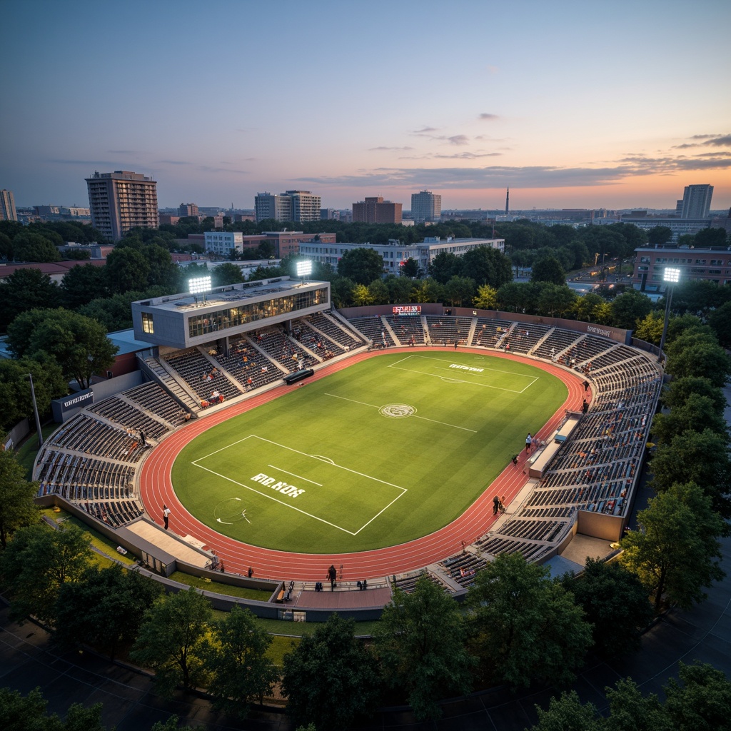 Prompt: Natural grass fields, athletic tracks, sports equipment, goalposts, bleachers, scoreboard, floodlights, evening ambiance, warm sunset lighting, shallow depth of field, 3/4 composition, panoramic view, realistic textures, ambient occlusion, modern sports facility architecture, sleek metal structures, durable concrete surfaces, vibrant team colors, dynamic crowd scenes, energetic atmosphere, safety fencing, accessible walkways, parking lots, surrounding trees, lush landscaping.