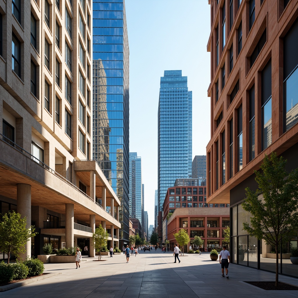 Prompt: Vibrant urban landscape, modern architectural design, sleek glass skyscrapers, metallic accents, bold color blocking, contrasting textures, natural stone facades, warm beige tones, cool blue hues, rich wood accents, industrial chic aesthetic, exposed ductwork, polished concrete floors, minimalist decor, abundant natural light, soft gradient transitions, 1/1 composition, realistic reflections, ambient occlusion.