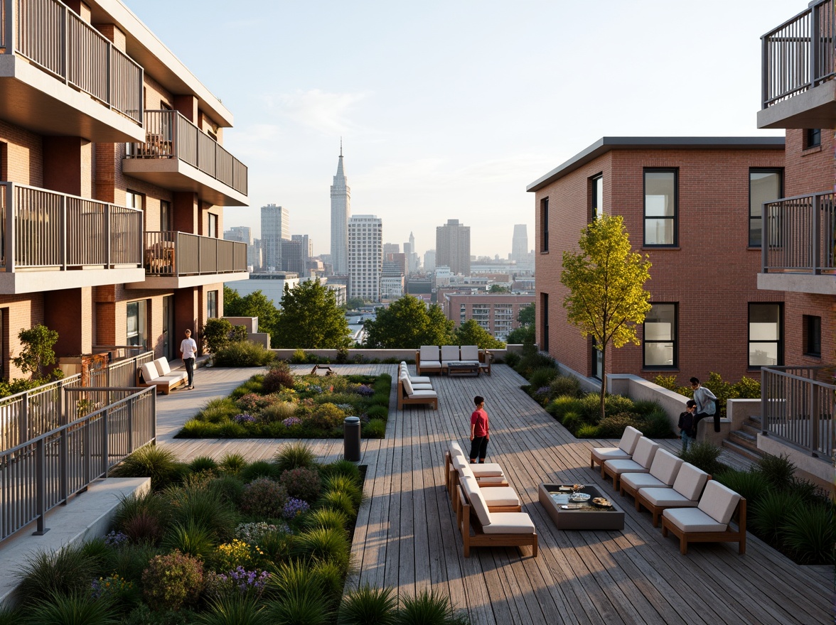 Prompt: Community-focused social housing, elevated viewing platforms, urban landscape, city skyline, modern architecture, sleek metal railings, wooden decking, green roofs, communal gardens, vibrant street art, eclectic furniture, cozy seating areas, warm lighting, shallow depth of field, 1/1 composition, realistic textures, ambient occlusion.