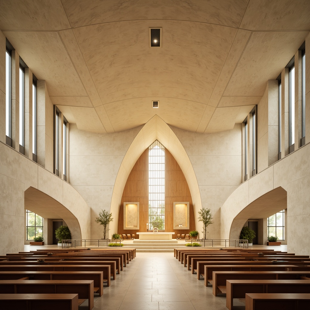 Prompt: Sleek modern church, curved lines, minimalist architecture, cream-colored stone walls, large stained glass windows, subtle natural light, warm beige interior, polished wooden pews, simple altar design, soft golden lighting, shallow depth of field, 1/1 composition, realistic textures, ambient occlusion, calming atmosphere, serene ambiance, gentle color palette, soothing earth tones, muted pastel hues.