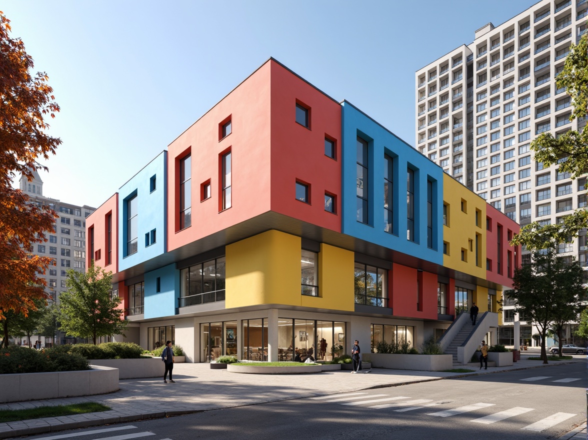 Prompt: Geometric middle school facade, bold primary colors, rectangular windows, flat roofs, industrial materials, exposed ductwork, minimalist ornamentation, functional simplicity, clean lines, rectangular columns, cantilevered staircases, asymmetrical compositions, natural light-filled classrooms, collaborative learning spaces, flexible modular furniture, educational signage, urban cityscape background, morning sunlight, soft shadows, 1/1 composition, realistic textures, ambient occlusion.