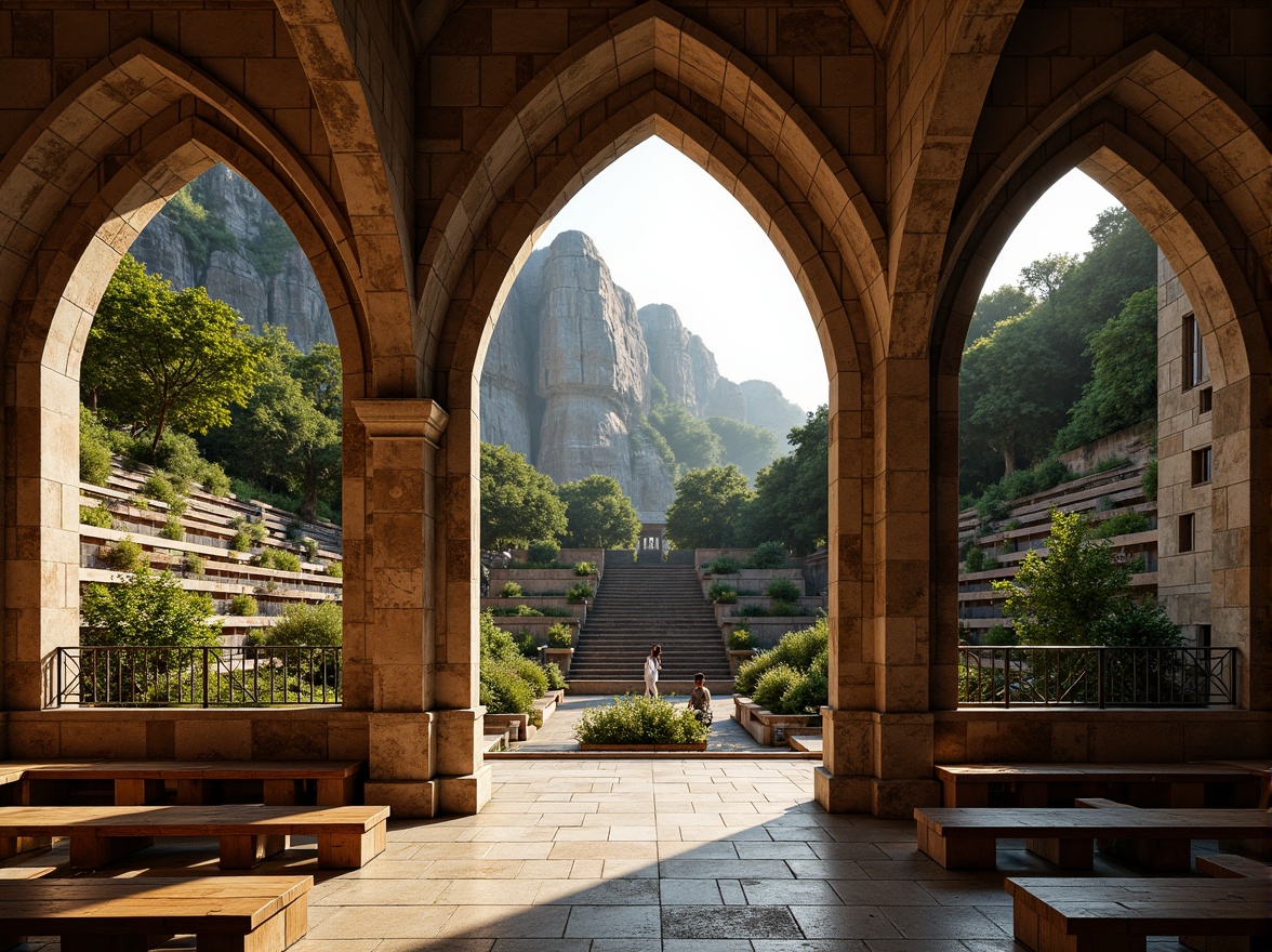 Prompt: Grand amphitheater, tiered seating, rustic stone walls, weathered wooden benches, vibrant greenery, lush foliage, natural rock formations, dramatic arches, grandiose entrance, ornate metal railings, warm golden lighting, soft shadows, high contrast textures, rough stone floors, smooth wooden surfaces, dynamic angular lines, symmetrical composition, 1/2 frame division, atmospheric perspective, realistic material rendering.