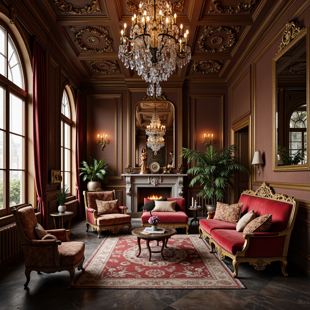 Prompt: Luxurious living room, ornate furnishings, intricately carved wooden panels, gilded accents, velvet upholstery, crystal chandeliers, marble flooring, ornamental mirrors, lavish textiles, rich jewel-toned colors, soft warm lighting, shallow depth of field, 1/1 composition, realistic reflections, ambient occlusion.