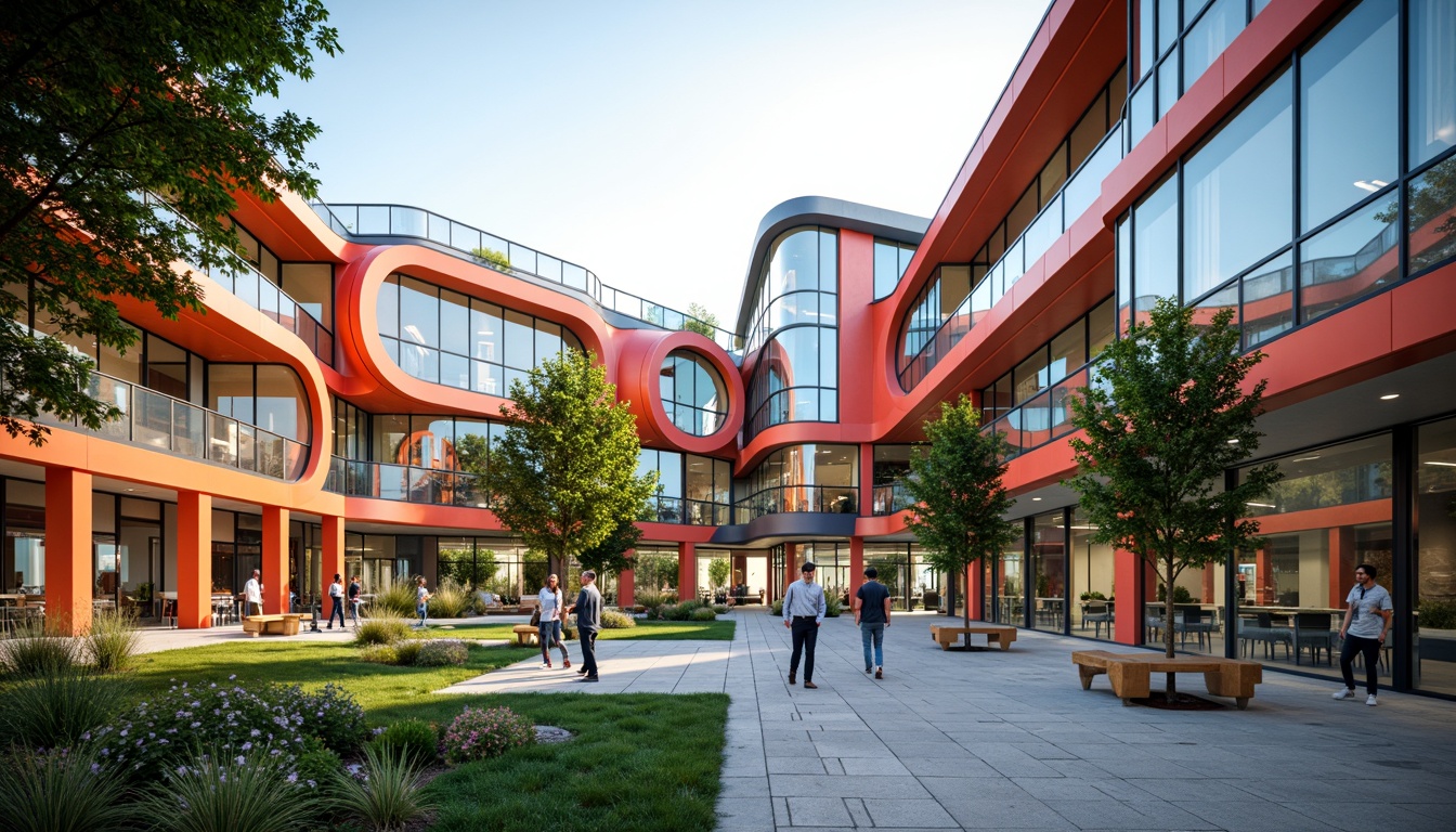 Prompt: Vibrant high school building, fusion architecture style, curved lines, dynamic shapes, bold color scheme, metallic materials, transparent glass walls, open-air courtyard, lush greenery, educational signage, modern furniture, collaborative learning spaces, flexible classrooms, interactive whiteboards, natural stone flooring, abundant daylight, soft warm lighting, shallow depth of field, 3/4 composition, panoramic view, realistic textures, ambient occlusion.