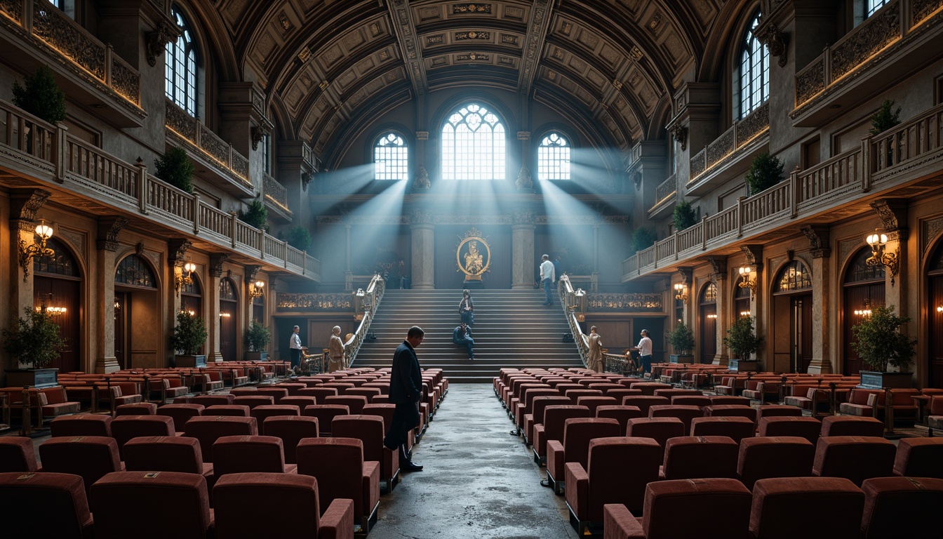 Prompt: Grandiose Gothic stadium, ornate stone carvings, vaulted ceilings, stained glass windows, intricate archways, majestic columns, regal seating areas, plush velvet cushions, golden metal accents, luxurious wooden details, atmospheric misty lighting, dramatic spotlights, 1/1 composition, symmetrical framing, realistic textures, ambient occlusion.