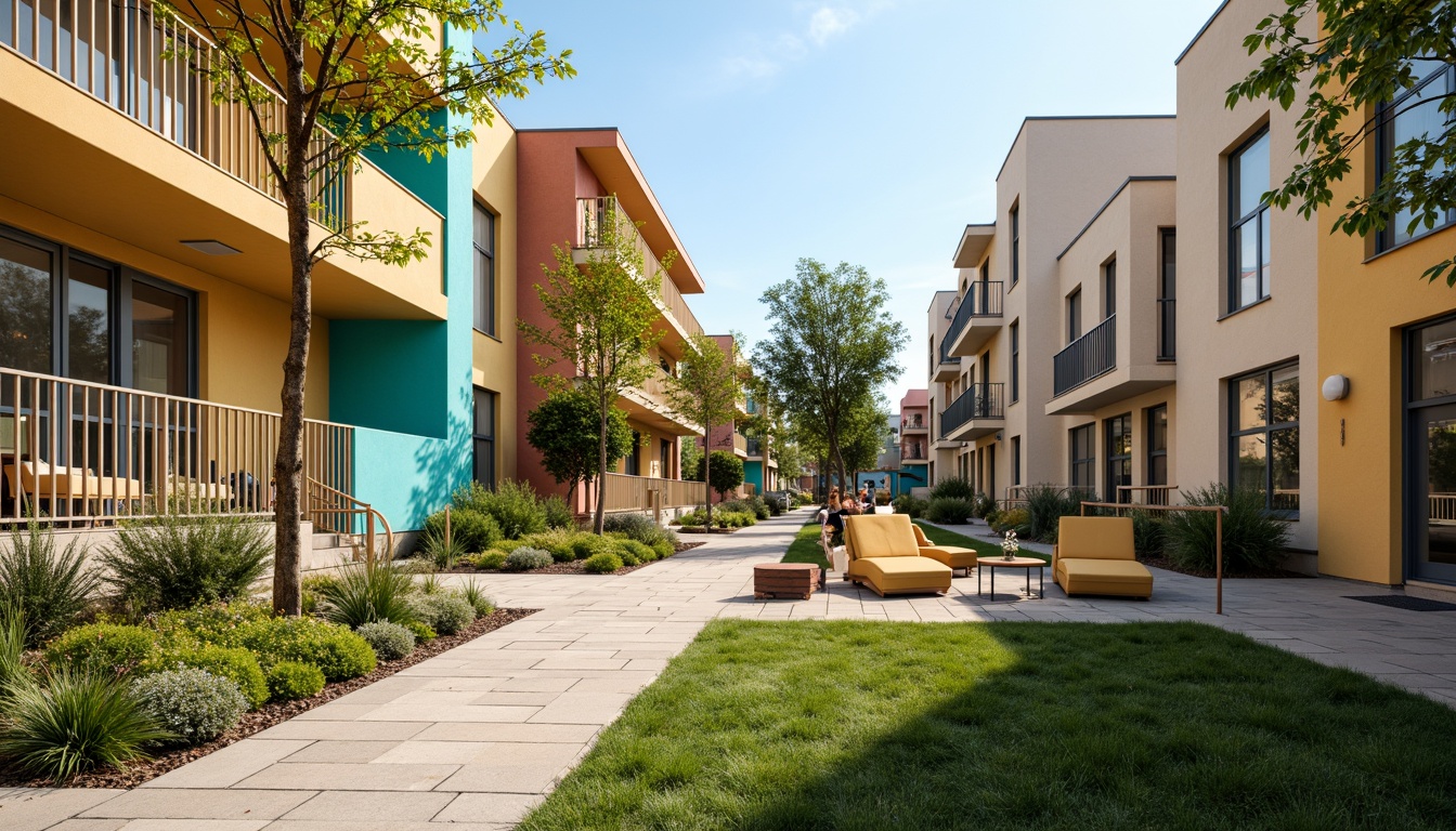 Prompt: Vibrant community center, warm beige walls, rich turquoise accents, playful yellow furniture, lush green courtyards, modern apartment buildings, sleek metal railings, large windows, natural stone pathways, colorful street art, urban cityscape, sunny day, soft warm lighting, shallow depth of field, 3/4 composition, panoramic view, realistic textures, ambient occlusion.