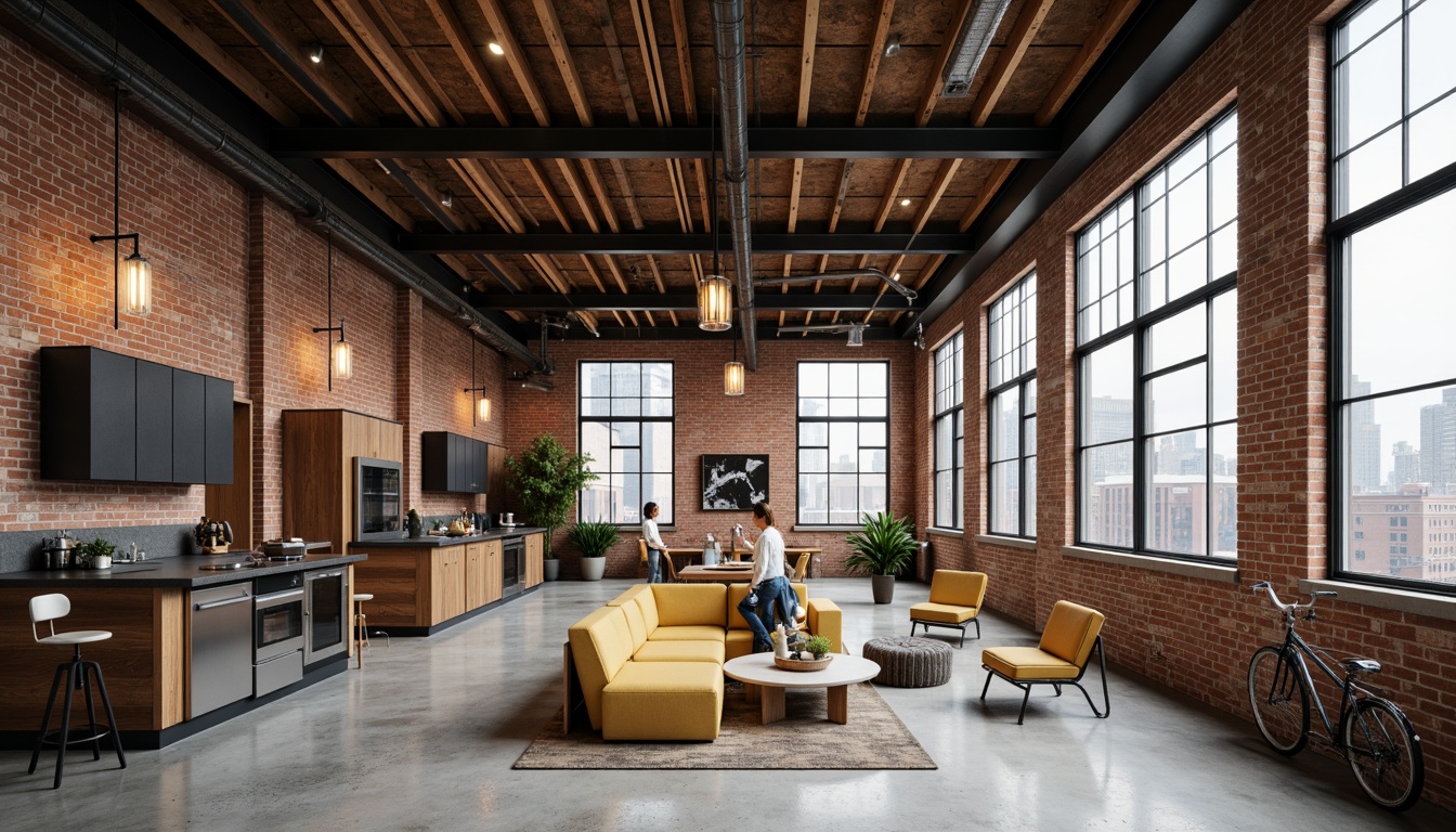 Prompt: Exposed brick walls, metal beams, reclaimed wood accents, industrial-style lighting fixtures, concrete floors, urban cityscape, converted warehouse, modern loft apartments, minimalist decor, functional simplicity, neutral color palette, natural textures, distressed finishes, eclectic furniture pieces, vintage machinery parts, Edison bulbs, steel windows, brutalist architecture, functional spaces, open floor plans, high ceilings, urban renewal projects, revitalized neighborhoods, adaptive reuse designs.