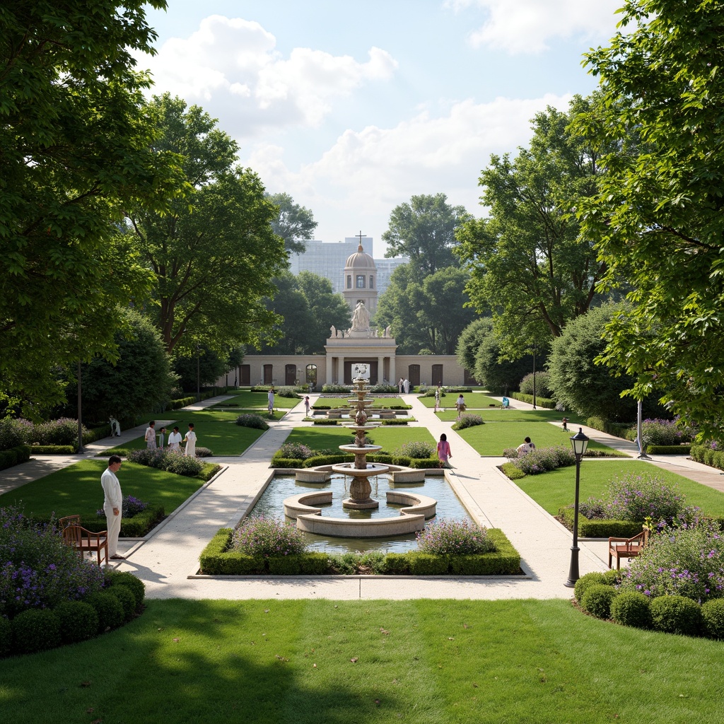 Prompt: Manicured lawns, ornate fountains, symmetrical gardens, majestic trees, walking paths, stone statues, classical columns, ornamental hedges, vibrant flower beds, tranquil ponds, serene water features, elegant street lamps, refined benches, harmonious color palette, soft natural lighting, 1/1 composition, realistic textures, ambient occlusion.