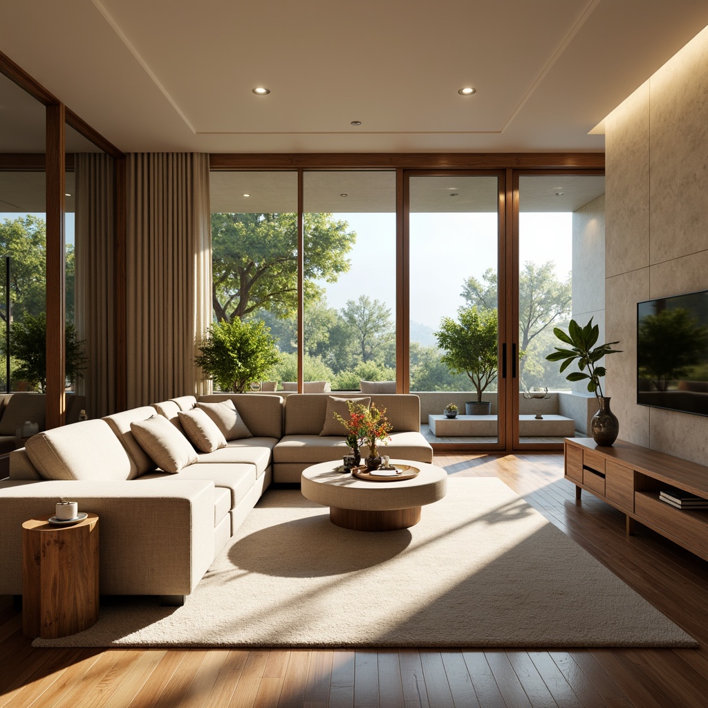 Prompt: Cozy living room, plush sofas, warm beige walls, soft carpet flooring, minimal ornamentation, functional shelving units, ergonomic furniture, ample natural light, floor-to-ceiling windows, sliding glass doors, serene outdoor views, lush greenery, vibrant flowers, modern minimalist decor, calming color palette, efficient storage solutions, multi-functional spaces, open-plan layout, comfortable reading nooks, warm task lighting, soft background music, 1/1 composition, shallow depth of field, realistic textures.