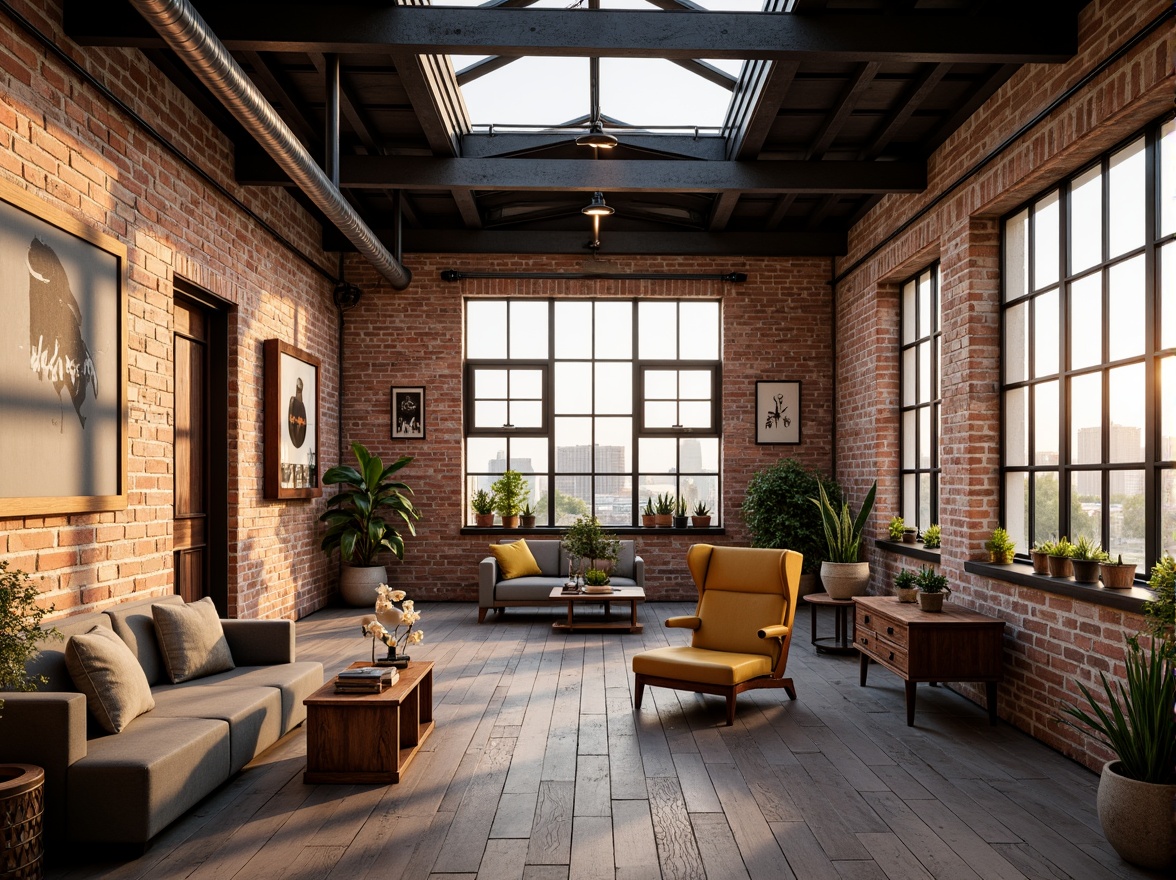 Prompt: Exposed brick walls, industrial metal beams, reclaimed wood floors, minimalist decor, urban cityscape views, large windows, clerestory windows, skylights, natural ventilation, airy open spaces, eclectic furniture, vintage decorative items, abstract artwork, bold color accents, distressed textures, rough-hewn wooden accents, atmospheric soft lighting, warm golden hour, shallow depth of field, 1/1 composition, realistic renderings, ambient occlusion.