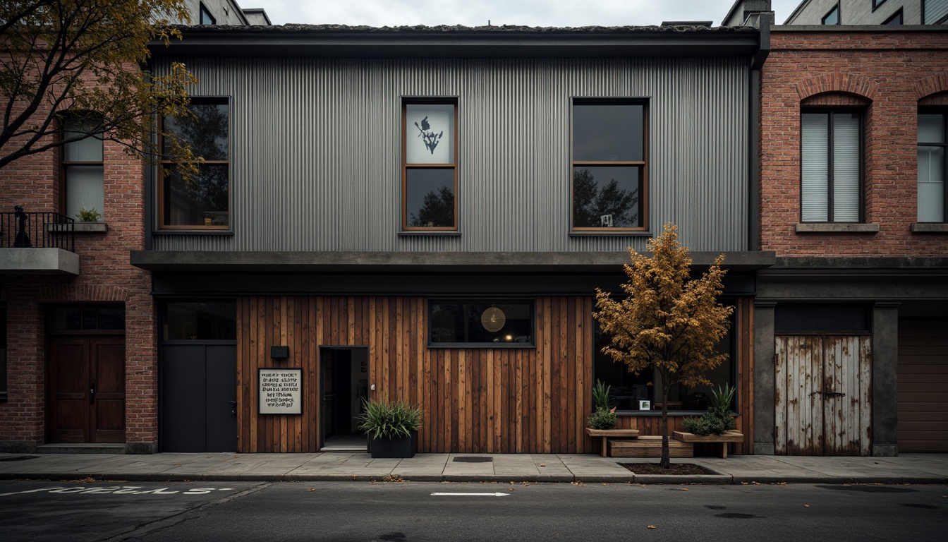 Prompt: Rustic warehouse facade, exposed brick walls, metal cladding, industrial windows, corrugated roofing, urban landscape, gritty cityscape, converted loft spaces, reclaimed wood accents, distressed finishes, vintage signage, eclectic street art, moody atmospheric lighting, dramatic shadows, 1/2 composition, low-angle shot, cinematic mood, realistic textures, ambient occlusion.