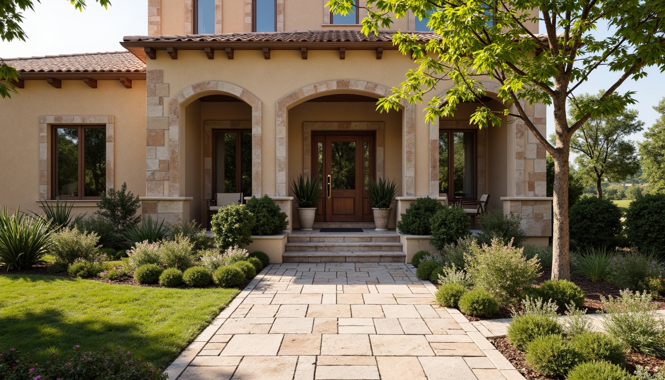 Prompt: Rustic exterior facade, weathered stone walls, earthy tone masonry, textured brick patterns, natural stone cladding, rough-hewn granite blocks, warm beige stucco, decorative arches, ornate columns, Mediterranean-inspired architecture, lush greenery, blooming flowers, sunny day, soft warm lighting, shallow depth of field, 3/4 composition, panoramic view, realistic textures, ambient occlusion.