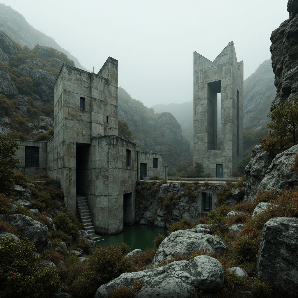 Prompt: Rugged natural landscape, rocky outcrops, sparse vegetation, brutalist concrete buildings, fortress-like structures, raw unfinished surfaces, industrial materials, exposed ductwork, angular lines, monumental scale, dramatic shadows, harsh overhead lighting, cinematic composition, atmospheric mist, mysterious ambiance, overgrown ruins, abandoned infrastructure, distressed textures, gritty realism.