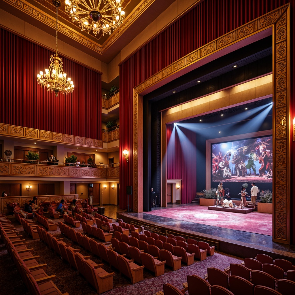 Prompt: Vibrant performing arts center, rich wood tones, deep red curtains, golden lighting fixtures, plush velvet seats, ornate metal railings, grand chandeliers, polished marble floors, dramatic spotlights, bold color blocking, dynamic stage design, eclectic art pieces, luxurious fabrics, warm atmospheric glow, soft focus blur, 1/2 composition, cinematic lighting, realistic textures, ambient occlusion.