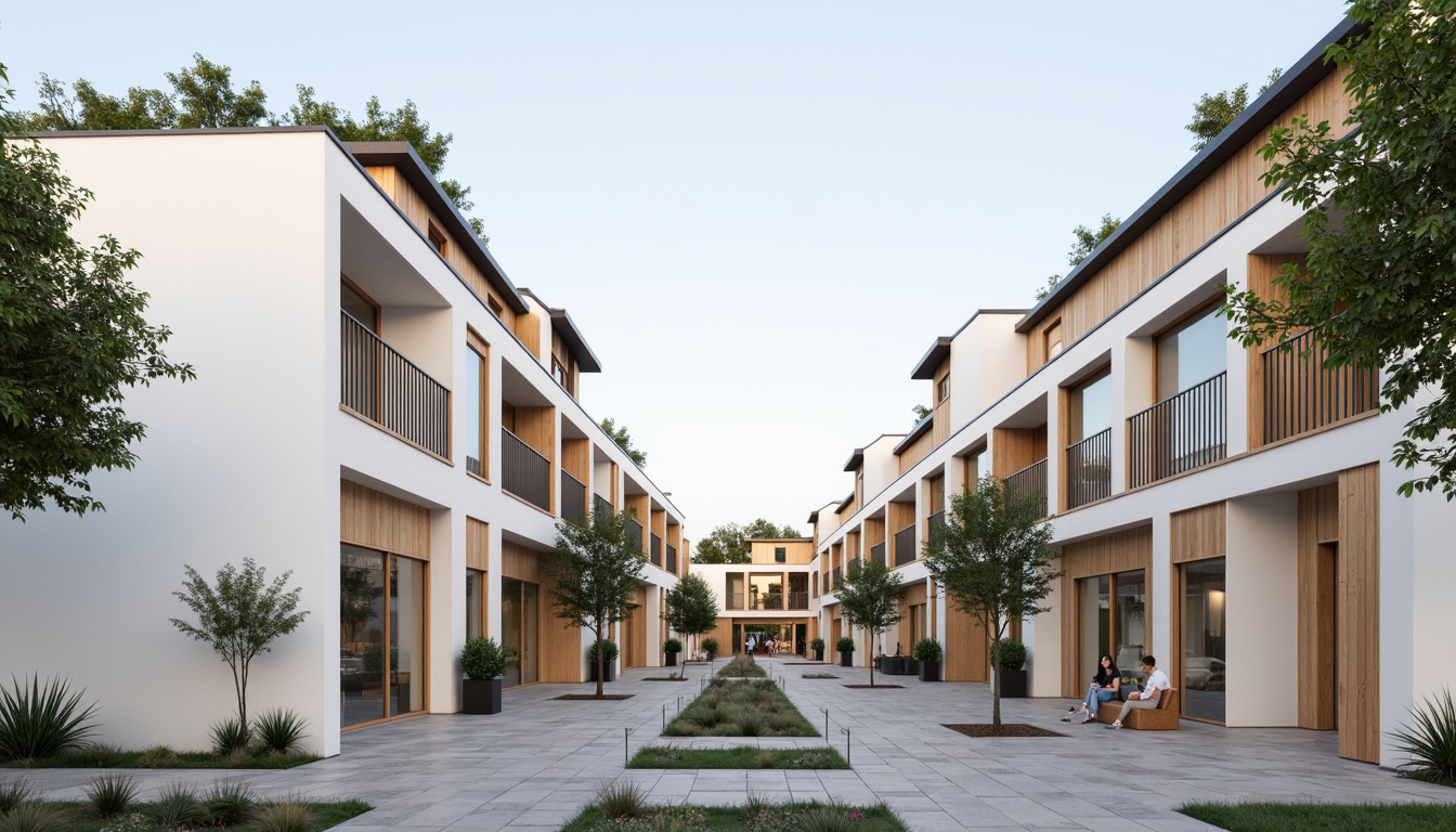 Prompt: Simple student hall facade, minimalist architecture, clean lines, white walls, large windows, sliding glass doors, wooden accents, natural stone flooring, green roofs, vertical gardens, modern lighting fixtures, subtle color scheme, calm atmosphere, soft natural light, shallow depth of field, 1/1 composition, realistic textures, ambient occlusion.