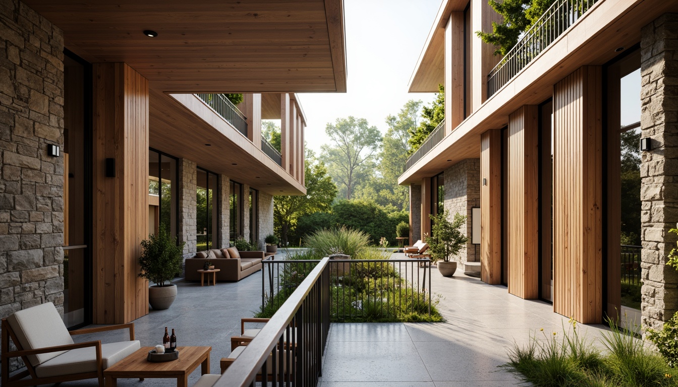 Prompt: Rustic stone walls, smooth wooden accents, rough-hewn granite floors, sleek metal railings, vibrant greenery, natural light pouring through clerestory windows, modern minimalist architecture, bold geometric shapes, contrasting textures, earthy color palette, warm ambient lighting, shallow depth of field, 1/1 composition, realistic render, atmospheric perspective.