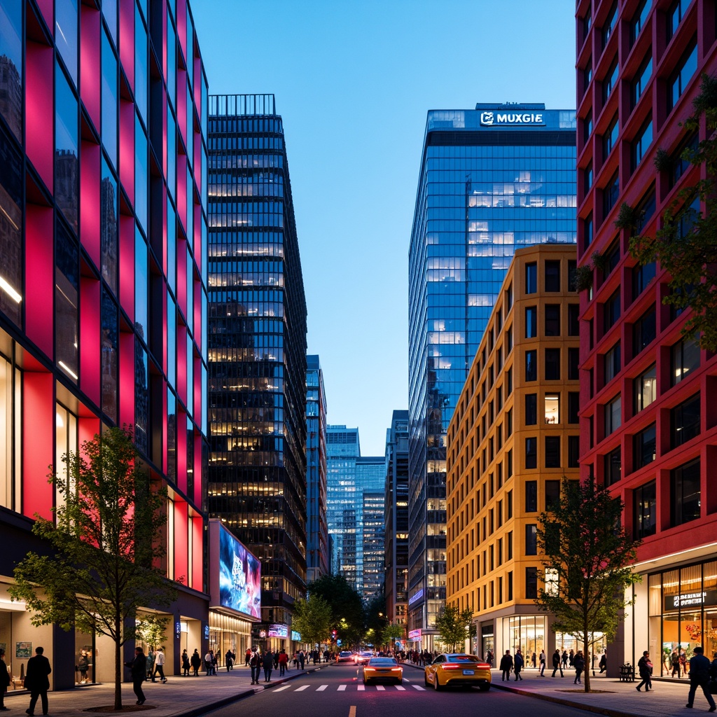 Prompt: Vibrant cityscape, modern skyscrapers, bold color blocking, contrasting hues, neon lights, urban atmosphere, bustling streets, pedestrian walkways, dynamic architecture, geometric patterns, metallic accents, glass facades, reflective surfaces, warm ambient lighting, shallow depth of field, 1/1 composition, realistic textures, ambient occlusion.