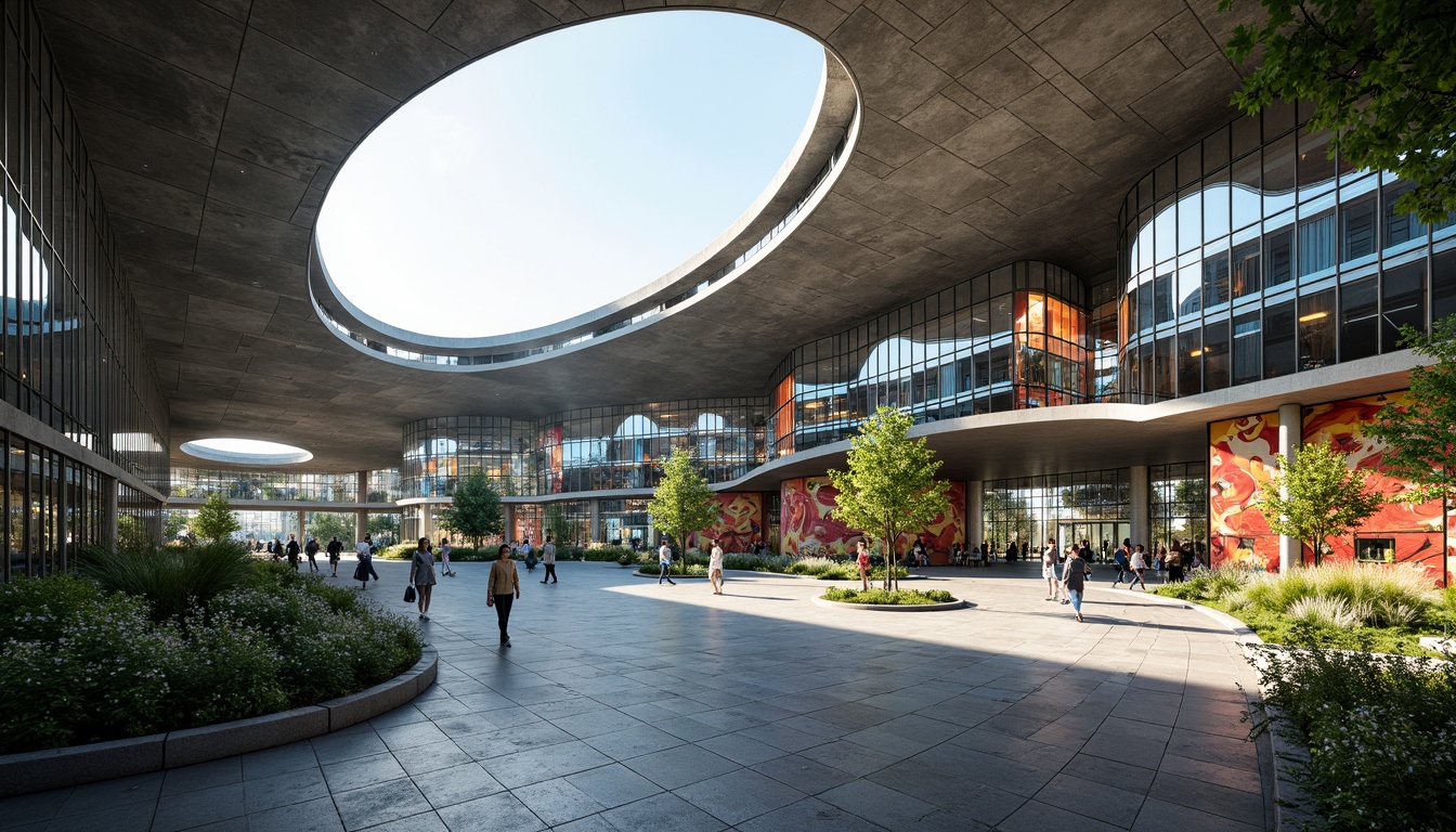 Prompt: Curved bus station, undulating rooflines, organic shapes, futuristic architecture, iridescent glass fa\u00e7ade, wavy metal panels, fluidic structures, natural stone flooring, lush green walls, vibrant public art installations, dynamic LED lighting, shallow depth of field, 1/1 composition, panoramic view, realistic textures, ambient occlusion.