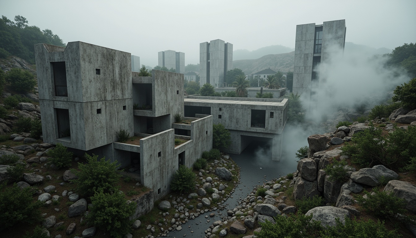 Prompt: Rugged natural landscape, rocky outcrops, sparse vegetation, brutalist concrete buildings, fortress-like structures, raw unfinished surfaces, industrial materials, exposed ductwork, angular lines, monumental scale, dramatic shadows, harsh overhead lighting, cinematic composition, atmospheric mist, mysterious ambiance, overgrown ruins, abandoned infrastructure, distressed textures, gritty realism.