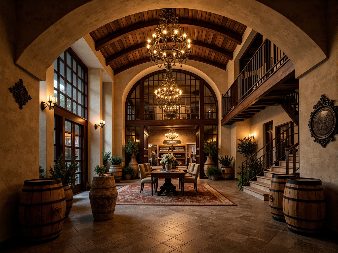 Prompt: Rustic winery, ornate stone fa\u00e7ade, curved archways, grandiose entrance, lavish chandeliers, rich wood accents, intricate carvings, ornamental metalwork, vintage wine barrels, dimly lit cellar, aged brick walls, vaulted ceilings, dramatic staircases, opulent furnishings, warm golden lighting, soft focus, shallow depth of field, 1/2 composition, atmospheric perspective, realistic textures, ambient occlusion.