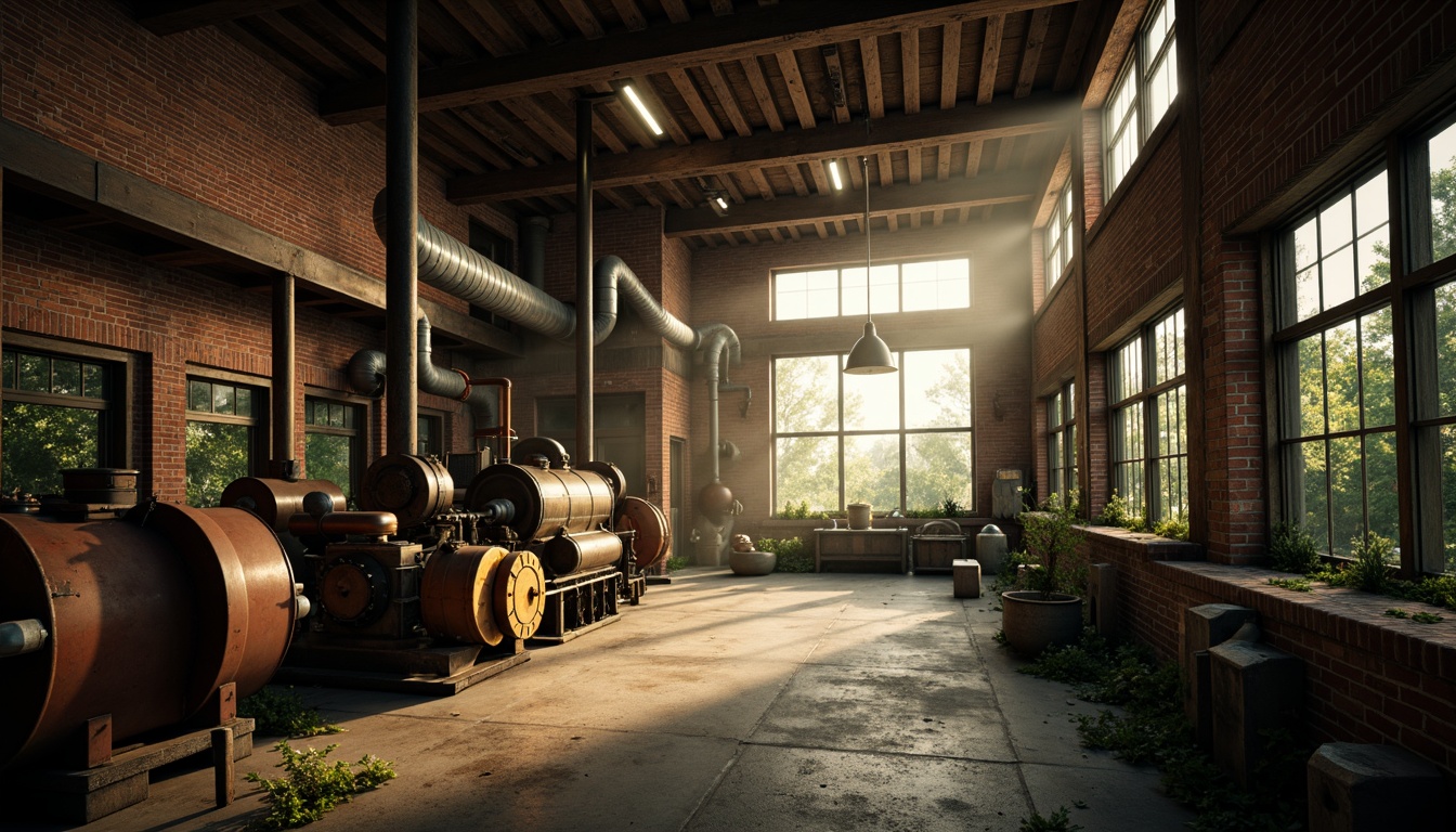 Prompt: Rustic industrial landscape, abandoned factories, distressed brick walls, worn metal pipes, vintage machinery, exposed ductwork, concrete floors, steel beams, reclaimed wood accents, moody atmospheric lighting, warm golden hour, soft misty fog, muted earth tones, weathered copper hues, deep blues, rich greens, bold yellows, gritty textures, realistic wear and tear, cinematic composition, shallow depth of field, 2/3 aspect ratio.