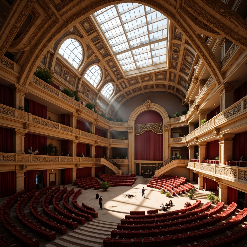 Prompt: Grand opera house, sweeping curves, ornate details, rich wood tones, velvet drapes, golden accents, majestic chandeliers, natural stone walls, grand staircase, intricate carvings, soft warm lighting, diffused sunlight, clerestory windows, high ceilings, dramatic shadows, 1/1 composition, symmetrical framing, realistic textures, ambient occlusion.