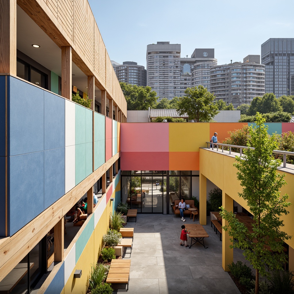 Prompt: Vibrant community center, bold color blocking, pastel hues, neutral backgrounds, natural wood accents, industrial metal frames, large windows, sliding glass doors, urban cityscape, modern architecture, geometric patterns, abstract murals, cozy seating areas, lush green roofs, solar panels, eco-friendly materials, minimalist decor, soft warm lighting, shallow depth of field, 3/4 composition, realistic textures, ambient occlusion.