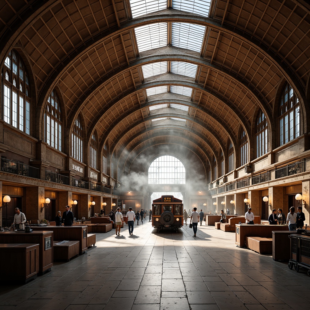 Prompt: Grand train station, sweeping curved lines, elegant arches, ornate details, luxurious materials, high ceilings, spacious interiors, natural stone floors, intricate metalwork, vintage luggage carts, bustling atmosphere, warm soft lighting, shallow depth of field, 1/1 composition, realistic textures, ambient occlusion.