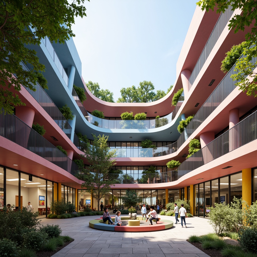 Prompt: Vibrant high school building, fusion architecture style, curved lines, dynamic shapes, bold color scheme, metallic materials, transparent glass walls, open-air courtyard, lush greenery, educational signage, modern furniture, collaborative learning spaces, flexible classrooms, interactive whiteboards, natural stone flooring, abundant daylight, soft warm lighting, shallow depth of field, 3/4 composition, panoramic view, realistic textures, ambient occlusion.