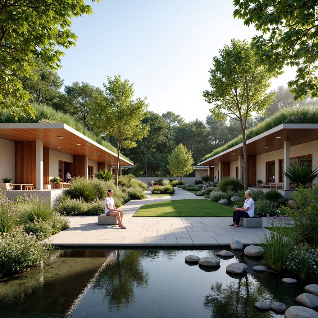 Prompt: Soothing healthcare facility, lush green roofs, natural stone walls, calming water features, serene gardens, walking trails, meditation areas, vibrant flowers, comfortable outdoor seating, warm wooden accents, large windows, abundant natural light, peaceful atmosphere, shallow depth of field, 3/4 composition, realistic textures, ambient occlusion, modern minimalist architecture, eco-friendly materials, sustainable design solutions, innovative ventilation systems, shaded outdoor spaces, misting systems.