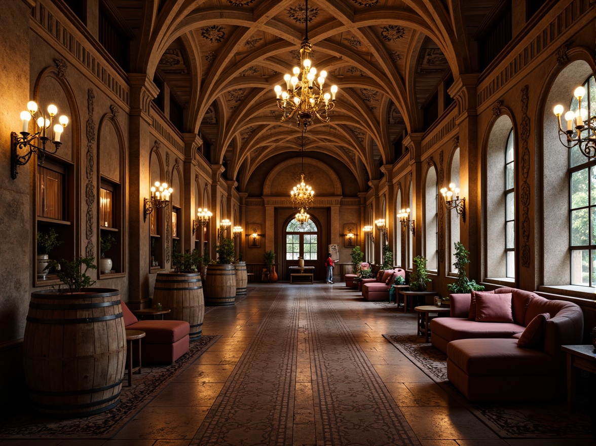 Prompt: Ornate winery columns, Baroque-style architecture, rustic stone walls, curved archways, grand chandeliers, lavish furnishings, rich wood accents, ornamental metalwork, intricate carvings, vintage wine barrels, dim warm lighting, soft focus, shallow depth of field, 1/2 composition, symmetrical framing, realistic textures, ambient occlusion.