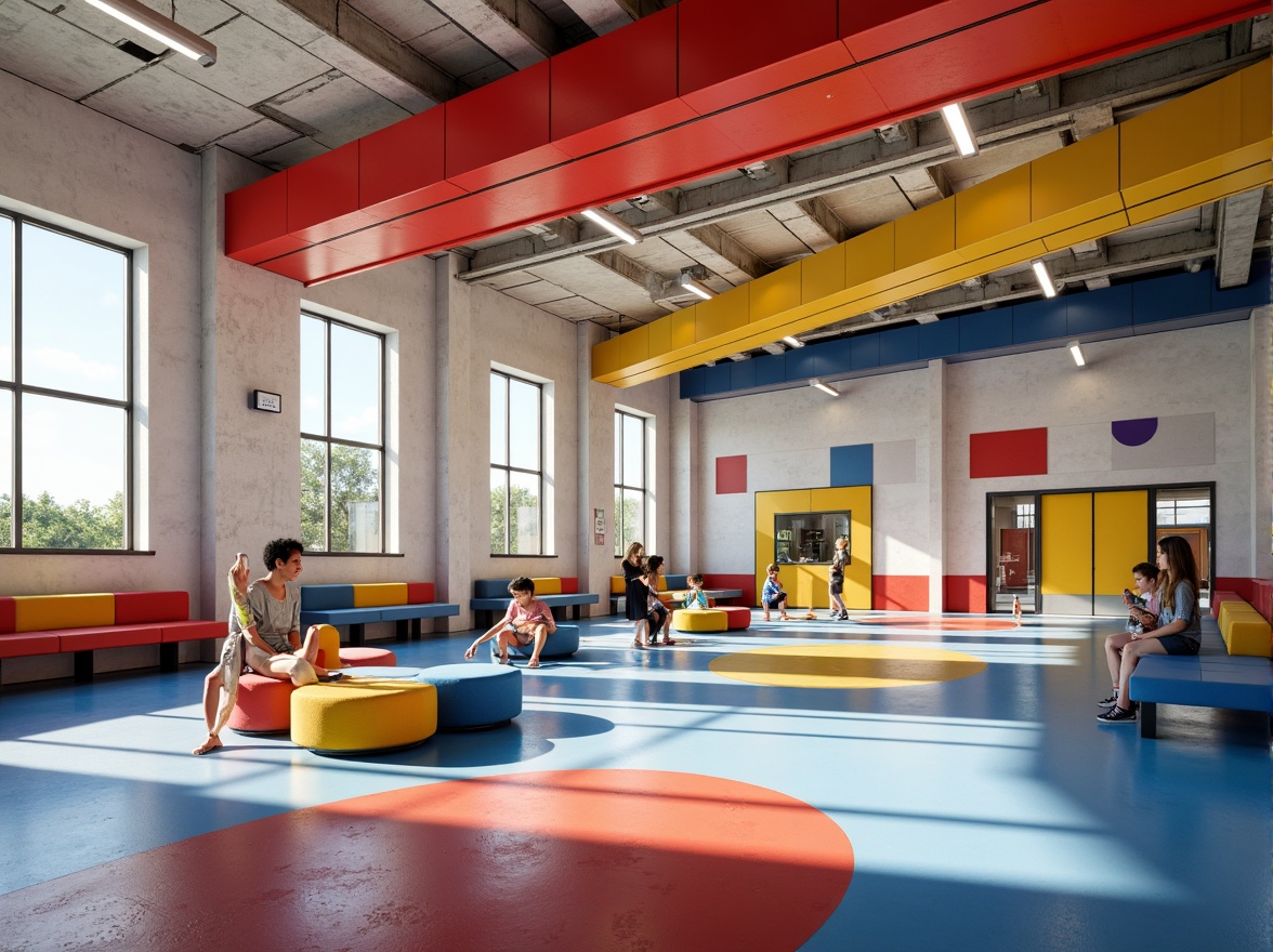 Prompt: Vibrant constructivist school, bold geometric shapes, primary color scheme, bright red accents, deep blue tones, yellow highlights, white concrete walls, industrial metal beams, exposed ductwork, minimalist furniture, functional design, open floor plans, collaborative learning spaces, natural light pouring in, softbox lighting, shallow depth of field, 1/1 composition, realistic textures, ambient occlusion.