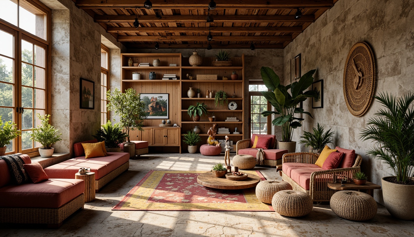 Prompt: Vibrant eclectic interior, reclaimed wood accents, natural stone walls, earthy color palette, woven textiles, rattan furniture, macrame details, potted plants, industrial metal beams, exposed brick, distressed finishes, warm ambient lighting, soft shadows, 1/1 composition, shallow depth of field, realistic textures, ambient occlusion.