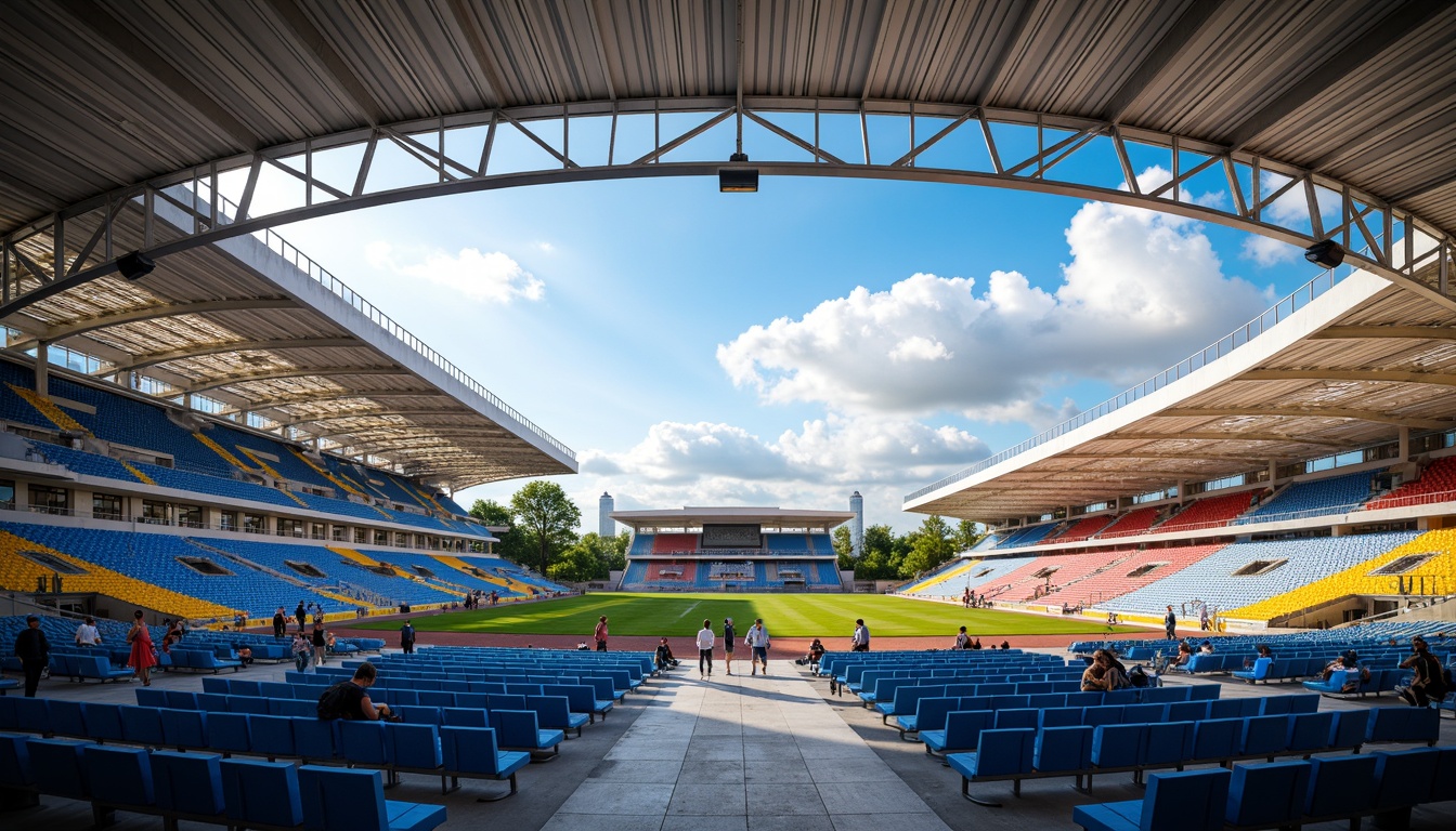 Prompt: Vibrant stadium atmosphere, electric blue seats, bright yellow accents, bold red stripes, dynamic LED lighting, modern angular architecture, sleek metal beams, polished concrete floors, energetic crowd scenes, sunny day with fluffy white clouds, shallow depth of field, 1/1 composition, realistic textures, ambient occlusion, dramatic shadows, warm golden hour lighting.