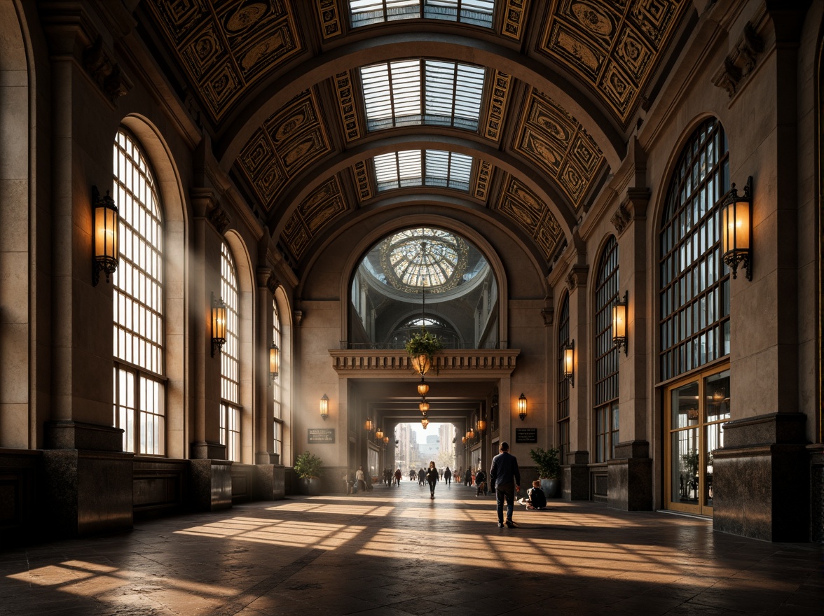 Prompt: Grandiose metro station, vaulted ceilings, ribbed arches, ornate carvings, stained glass windows, intricate mosaics, dark stone walls, polished marble floors, metallic accents, industrial lighting fixtures, dramatic shadows, warm golden illumination, atmospheric fog effects, cinematic composition, symmetrical framing, rich textures, detailed normal maps.