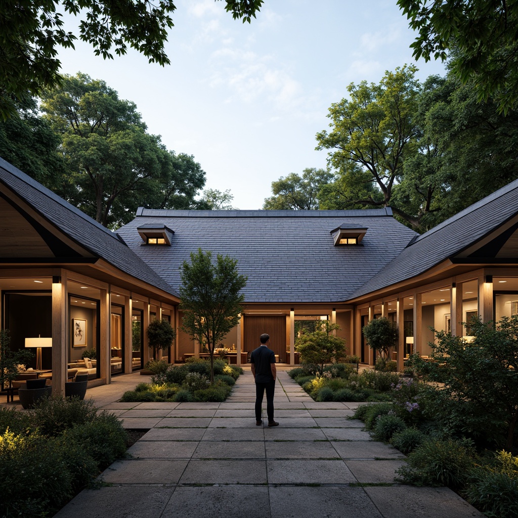 Prompt: Traditional Japanese tiles, curved rooflines, modern minimalist design, sleek metal accents, natural wood beams, exposed rafters, skylights, clerestory windows, rustic stone walls, lush greenery, overhanging eaves, subtle lighting, warm ambient glow, shallow depth of field, 1/1 composition, realistic textures, ambient occlusion.