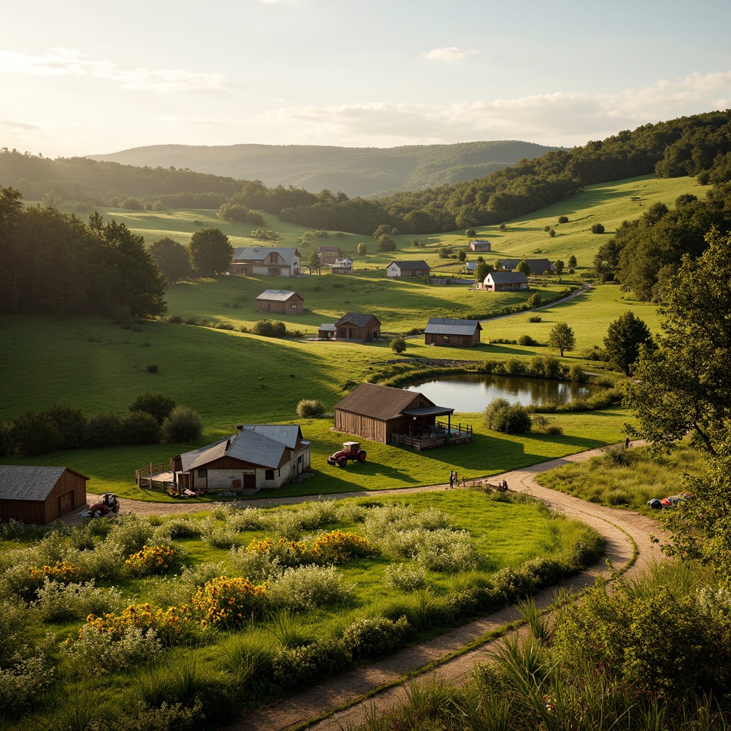 Prompt: Rustic farmland scenery, rolling hills, verdant pastures, scattered farmhouses, wooden fences, winding dirt roads, vintage tractors, lush green crops, sunflowers, wildflowers, rustic barns, weathered stone walls, natural ponds, serene rural atmosphere, warm golden lighting, shallow depth of field, 1/2 composition, panoramic view, realistic textures, ambient occlusion.