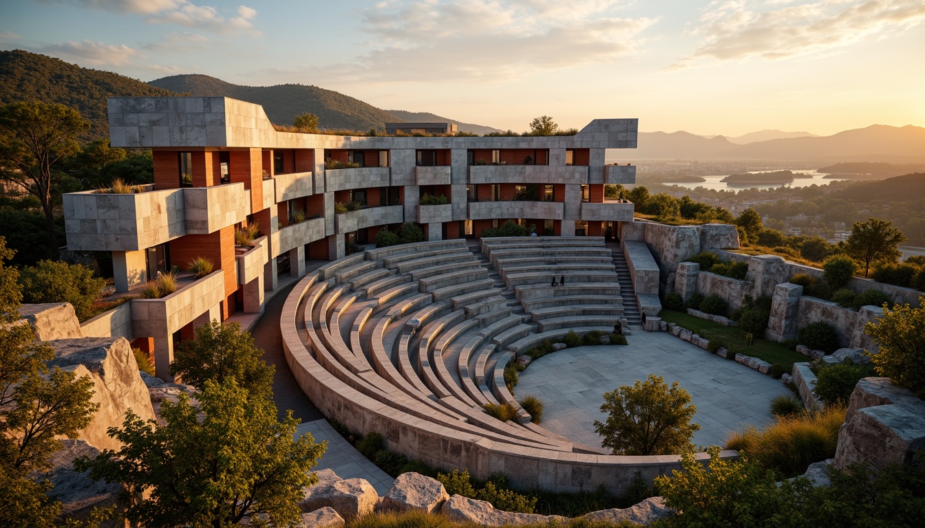 Prompt: Grand amphitheater, postmodern architecture, irregular shapes, fragmented forms, bold colors, eclectic materials, rugged stone walls, distressed wood accents, undulating terrain, lush greenery, meandering pathways, scenic overlooks, dramatic lighting, warm sunset glow, shallow depth of field, 1/2 composition, cinematic view, realistic textures, ambient occlusion.