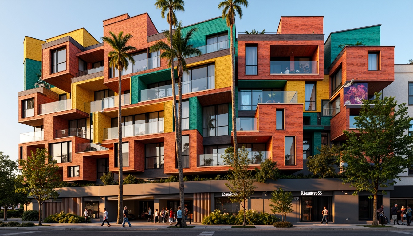 Prompt: Vibrant eclectic building, irregular shapes, bold color blocking, mixed materials, wooden accents, metal frames, glass bricks, abstract patterns, ornate decorations, intricate carvings, asymmetrical composition, dynamic lighting effects, warm golden hour, shallow depth of field, 1/2 composition, realistic textures, ambient occlusion.