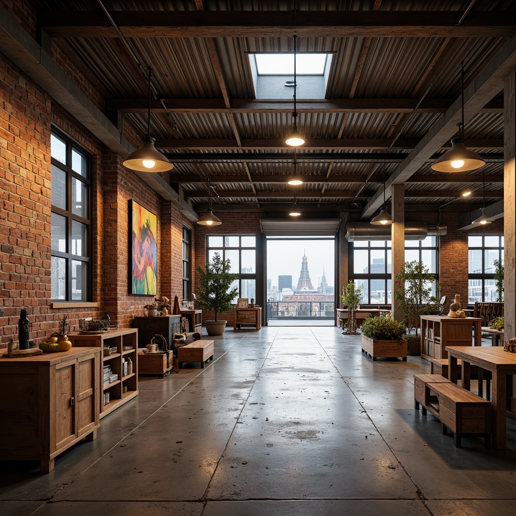 Prompt: Rustic warehouse, exposed brick walls, metal beams, wooden crates, industrial lighting, concrete floors, steel frames, corrugated metal roofs, reclaimed wood accents, earthy color palette, natural textures, urban landscape, cityscape views, functional design, open spaces, minimal ornamentation, raw finishes, distressed materials, vintage machinery, eclectic decor, warm atmospheric lighting, shallow depth of field, 1/1 composition, realistic renderings.