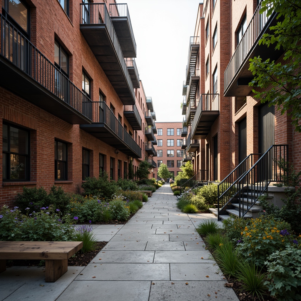 Prompt: Rustic warehouse district, industrial heritage, exposed brick facades, metal accents, reclaimed wood features, urban green spaces, native plant species, meandering walkways, weathered steel benches, distressed concrete textures, functional drainage systems, overhead crane tracks, vintage signage, warm atmospheric lighting, shallow depth of field, 2/3 composition, symmetrical framing, realistic material rendering.