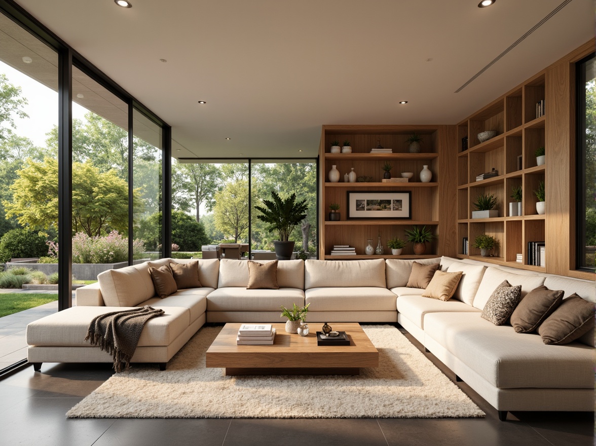 Prompt: Cozy living room, plush sofas, warm beige walls, soft carpet flooring, minimal ornamentation, functional shelving units, ergonomic furniture, ample natural light, floor-to-ceiling windows, sliding glass doors, serene outdoor views, lush greenery, vibrant flowers, modern minimalist decor, calming color palette, efficient storage solutions, multi-functional spaces, open-plan layout, comfortable reading nooks, warm task lighting, soft background music, 1/1 composition, shallow depth of field, realistic textures.