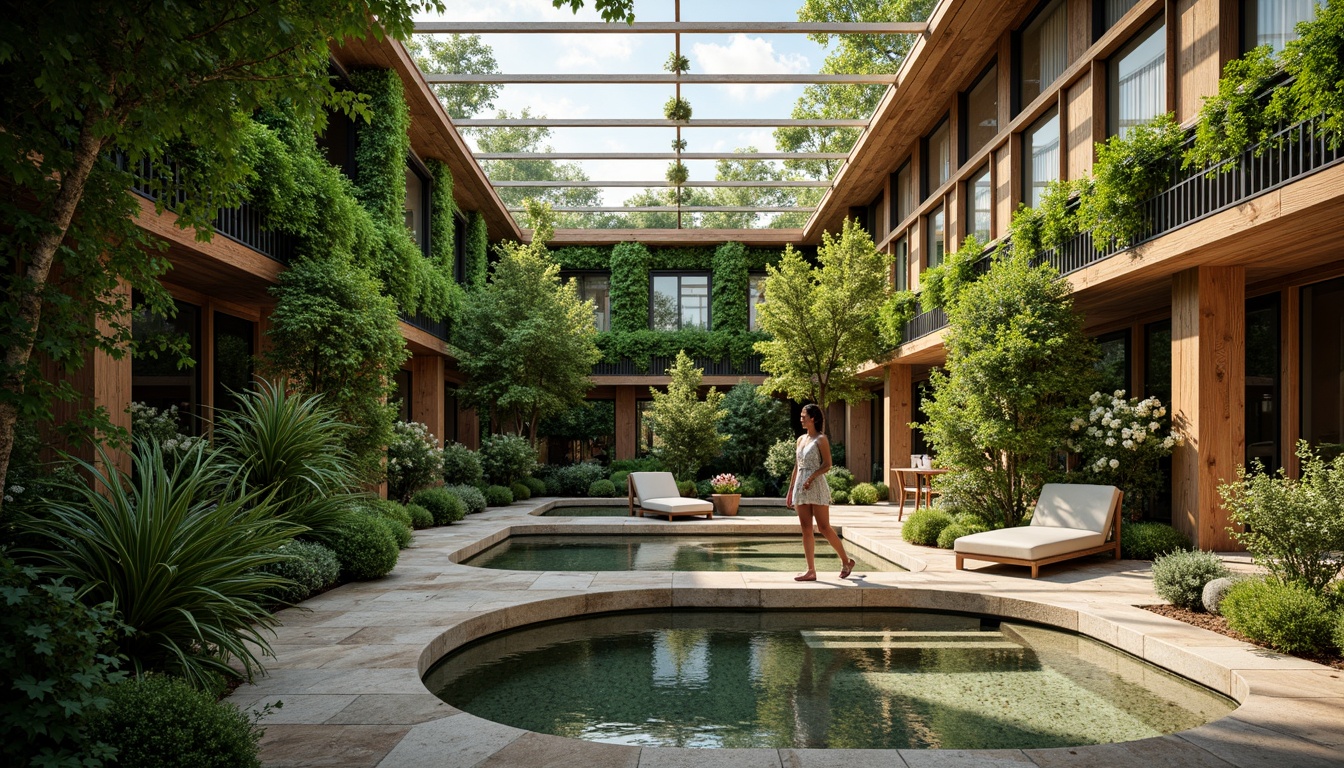 Prompt: Lush green walls, natural stone floors, reclaimed wood accents, living roofs, verdant courtyards, organic shapes, curved lines, earthy tones, abundant daylight, clerestory windows, skylights, solar tubes, bioluminescent lighting, water features, koi ponds, green screens, trellises, vines, botanical patterns, natural ventilation systems, passive design strategies, sustainable building materials, eco-friendly furnishings, serene ambiance, soft warm lighting, shallow depth of field, 3/4 composition, panoramic view, realistic textures, ambient occlusion.